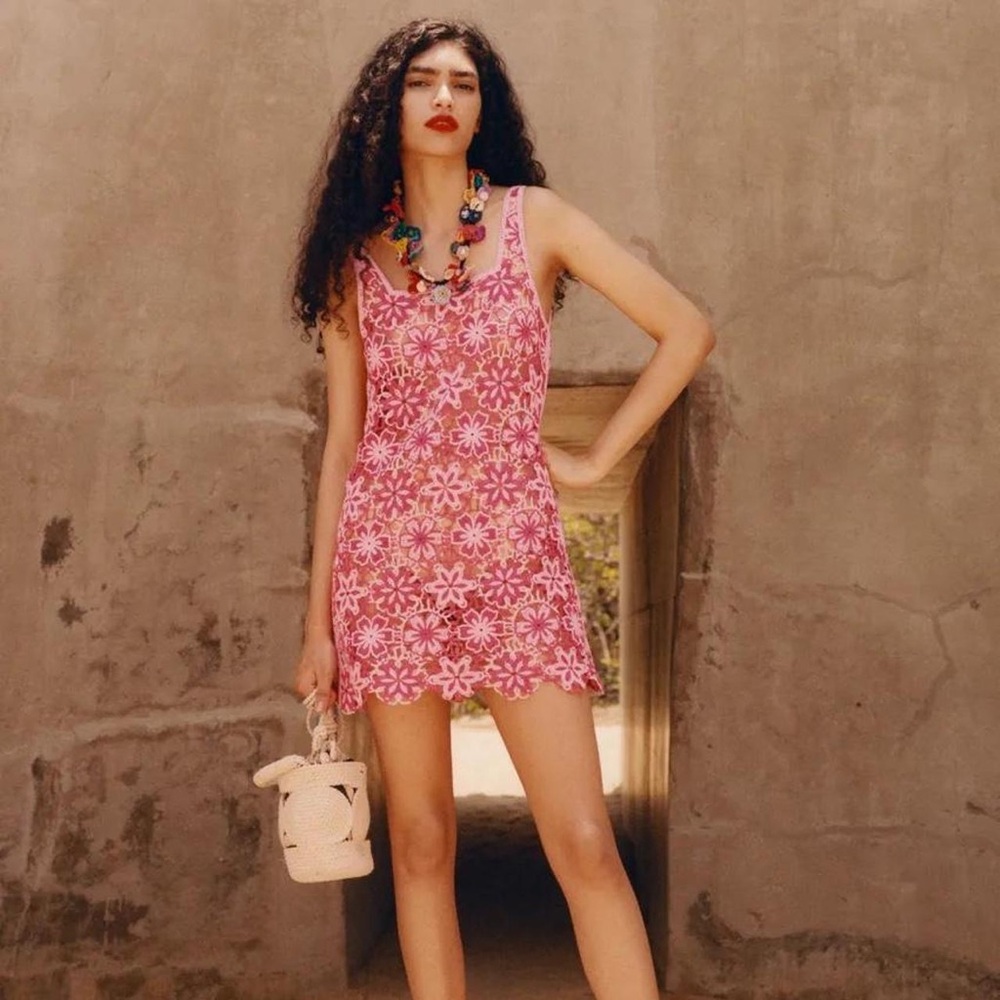 size small, zara pink crochet mini dress!!! perfect for the beach or a festival